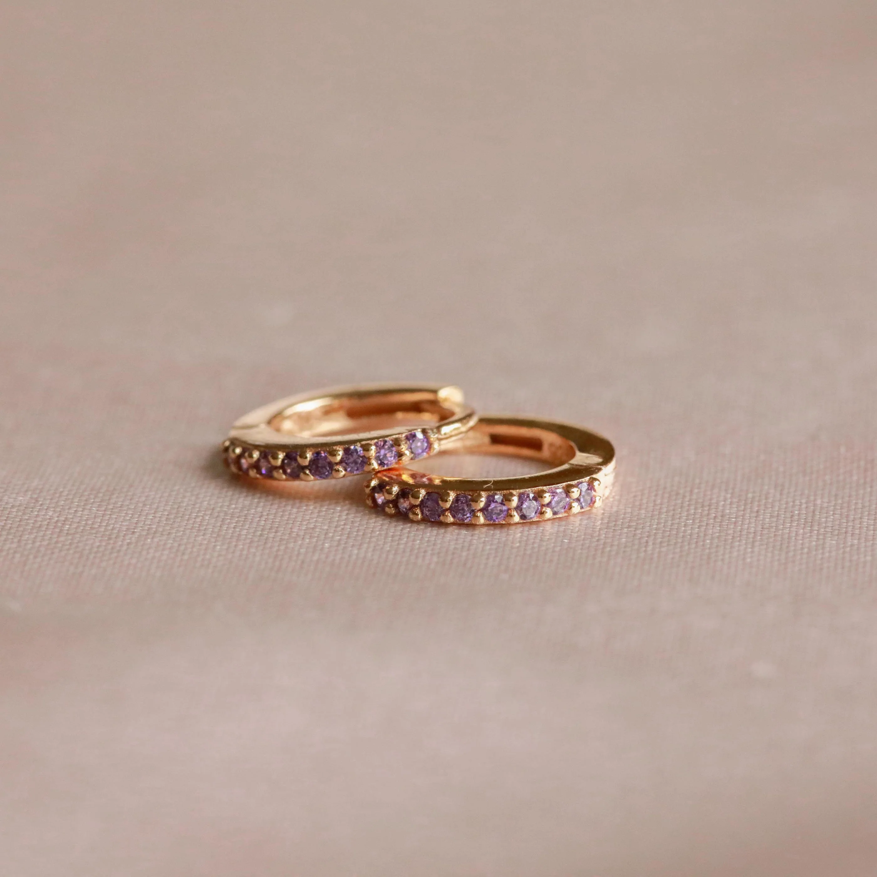 February Birthstone Huggies in Gold with Amethyst CZ - Image 3