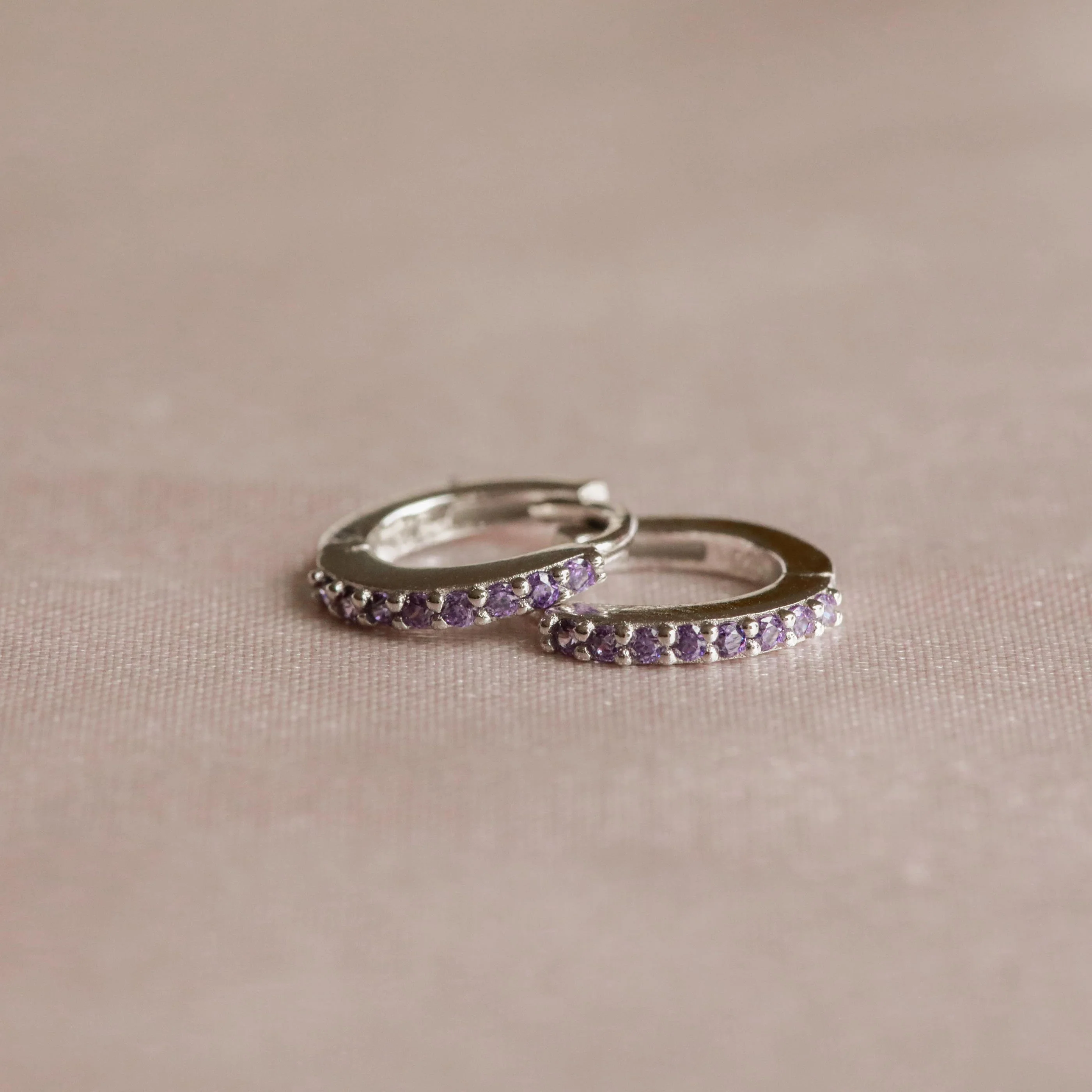 February Birthstone Huggies in Silver with Amethyst CZ - Image 3