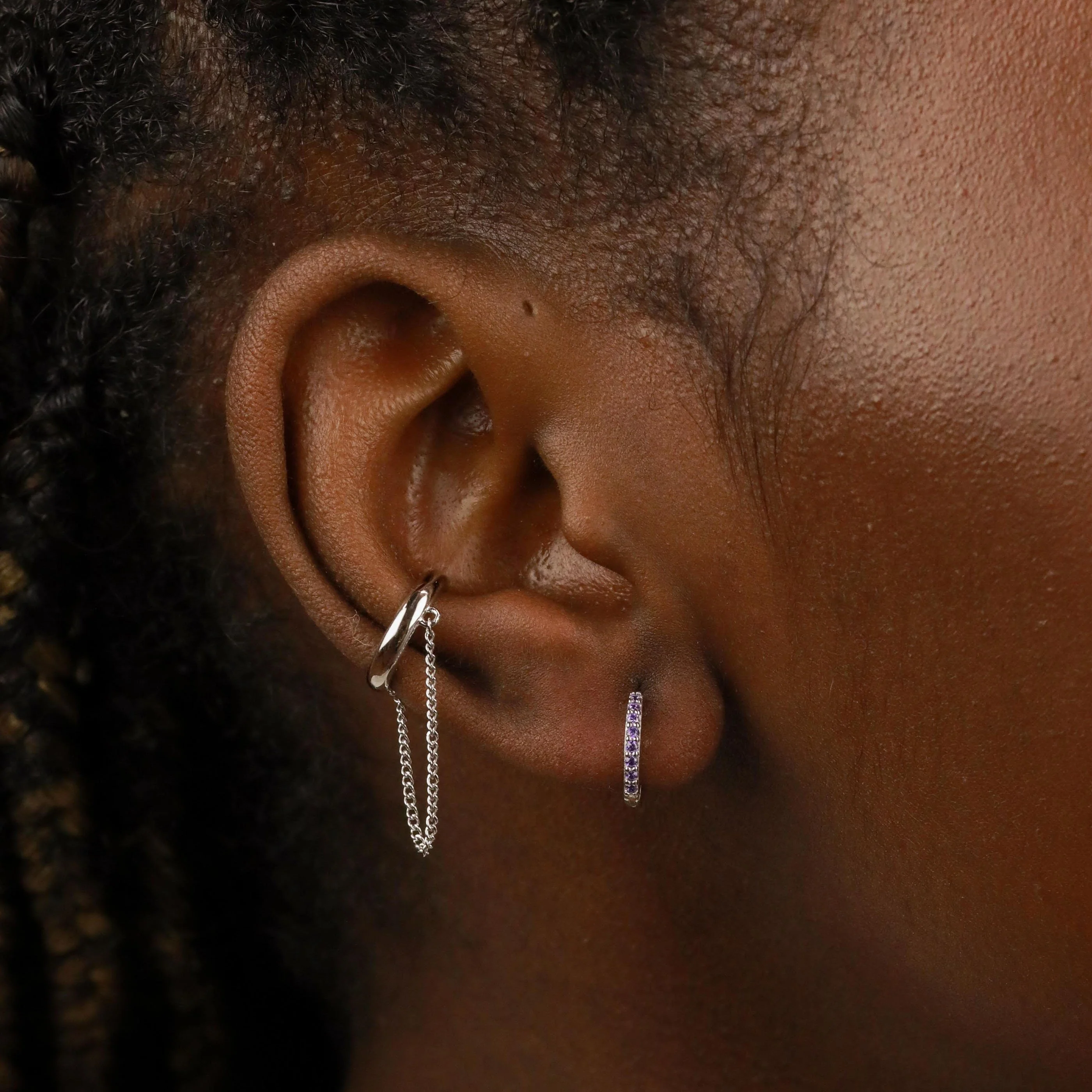 February Birthstone Huggies in Silver with Amethyst CZ - Image 5