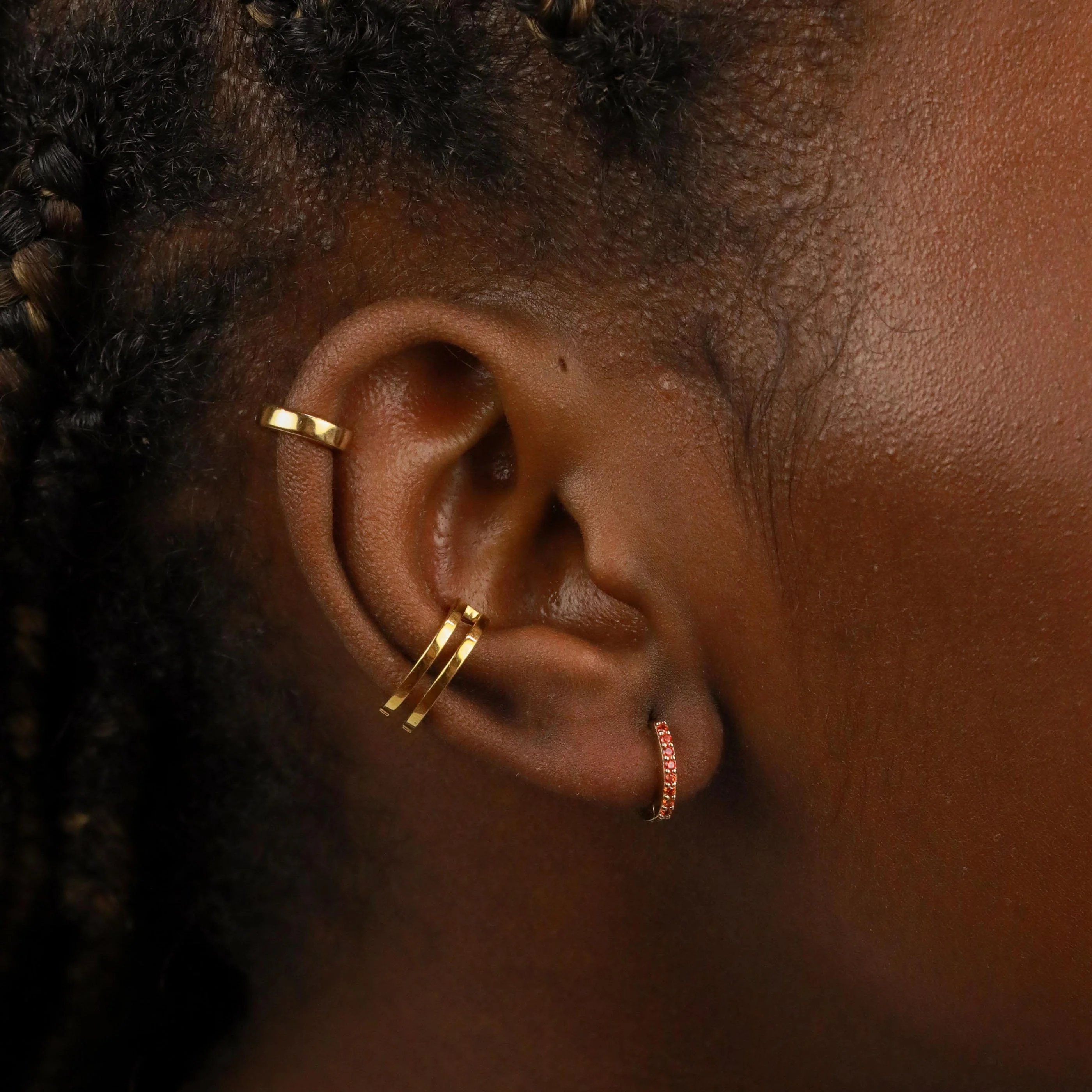 January Birthstone Huggies in Gold with Garnet CZ - Image 4