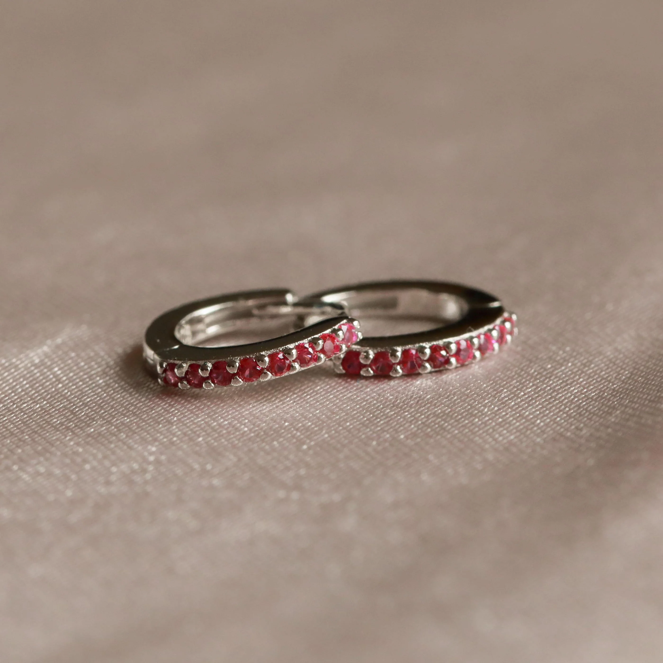 July Birthstone Huggies in Silver with Ruby CZ - Image 3