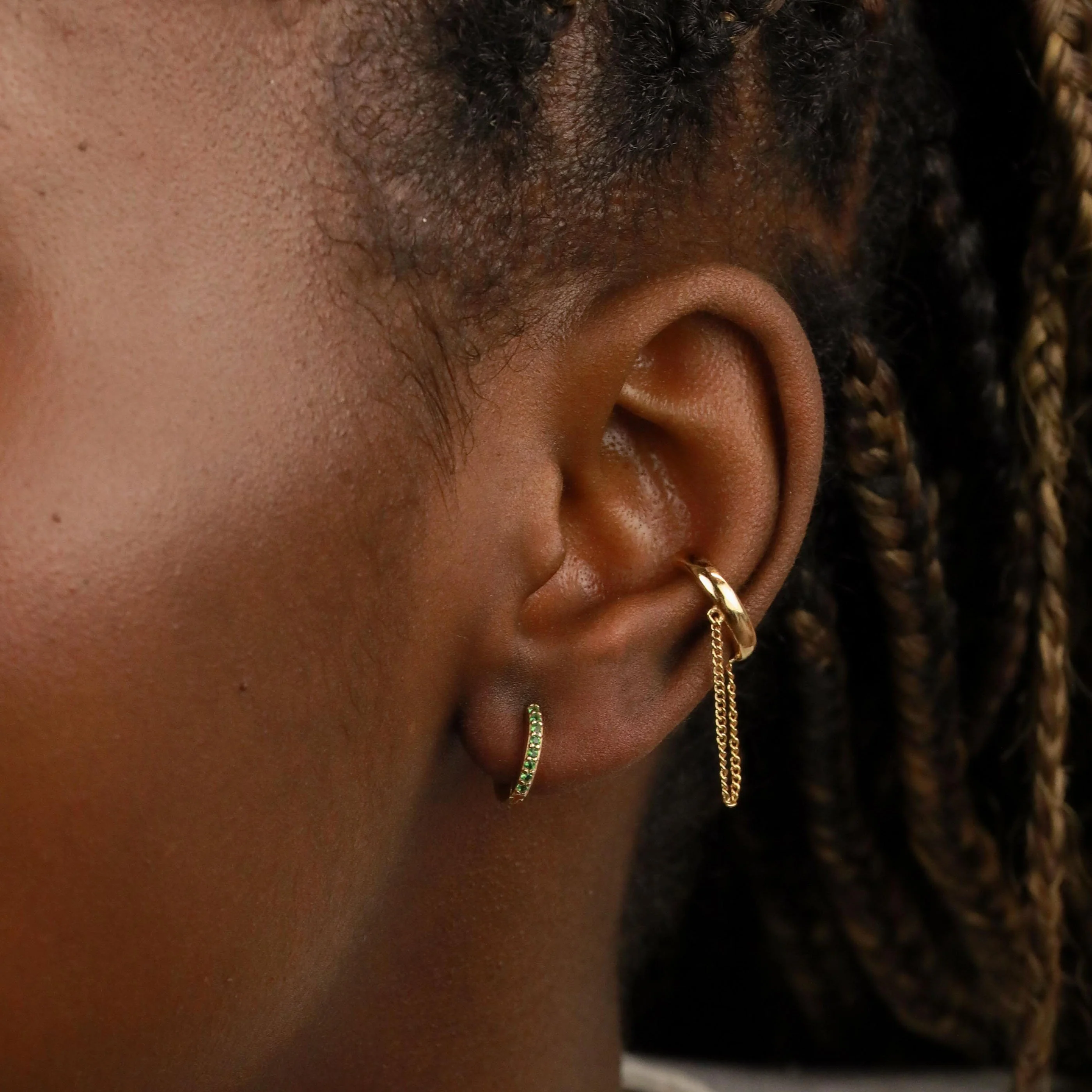 May Birthstone Huggies in Gold with Emerald CZ - Image 4