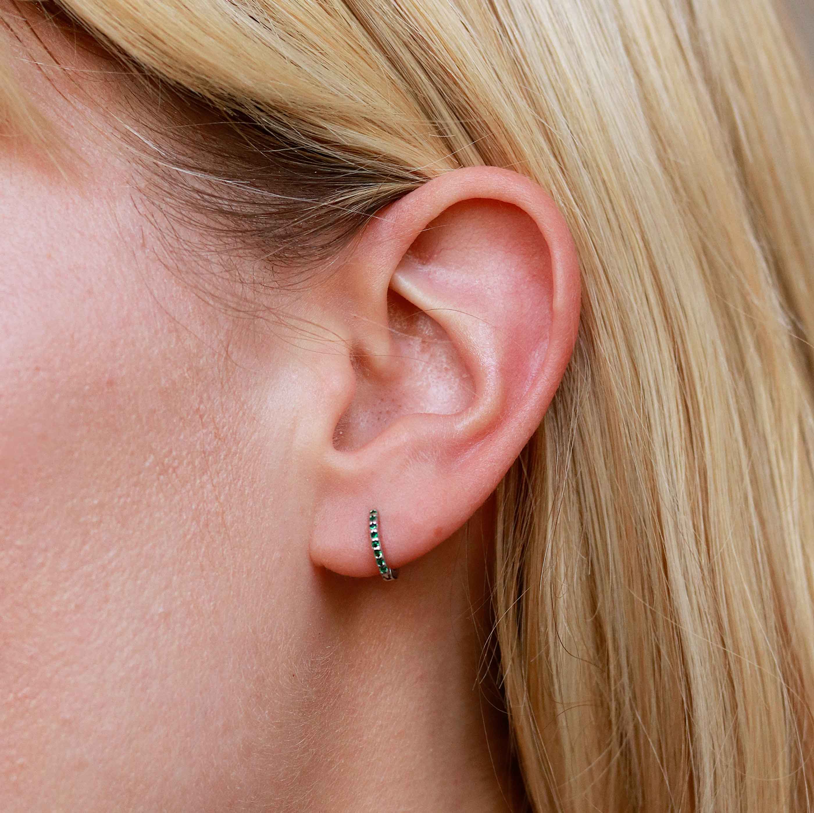 May Birthstone Huggies in Silver with Emerald CZ - Image 5